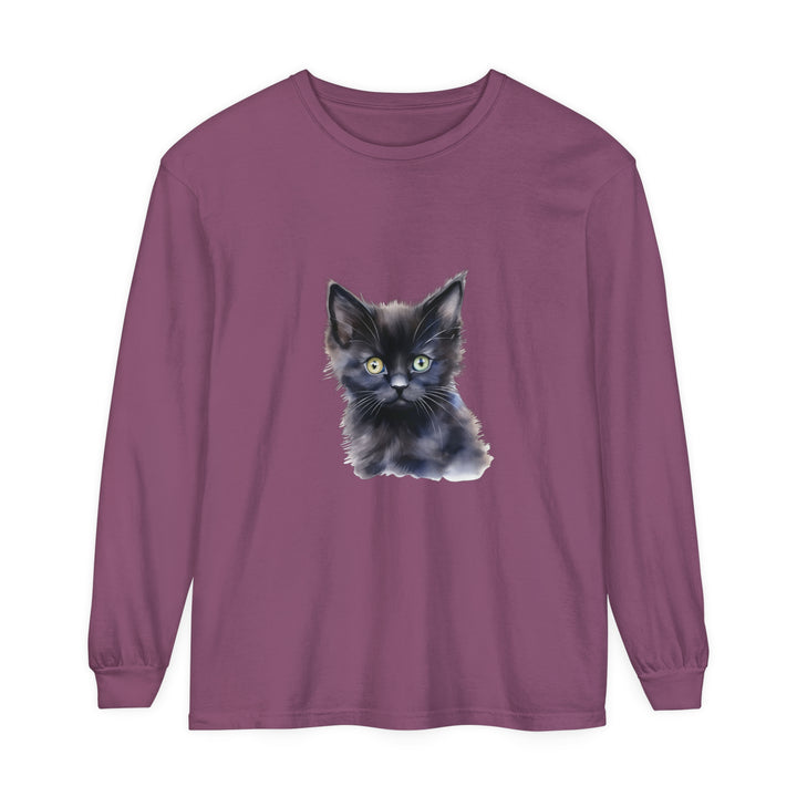 Black unisex long sleeve t-shirt featuring a mystical kitten design