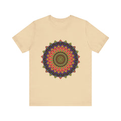 A close-up image of a colorful mandala tee with an intricate design, featuring vibrant hues and detailed patterns perfect for bohemian fashion lovers