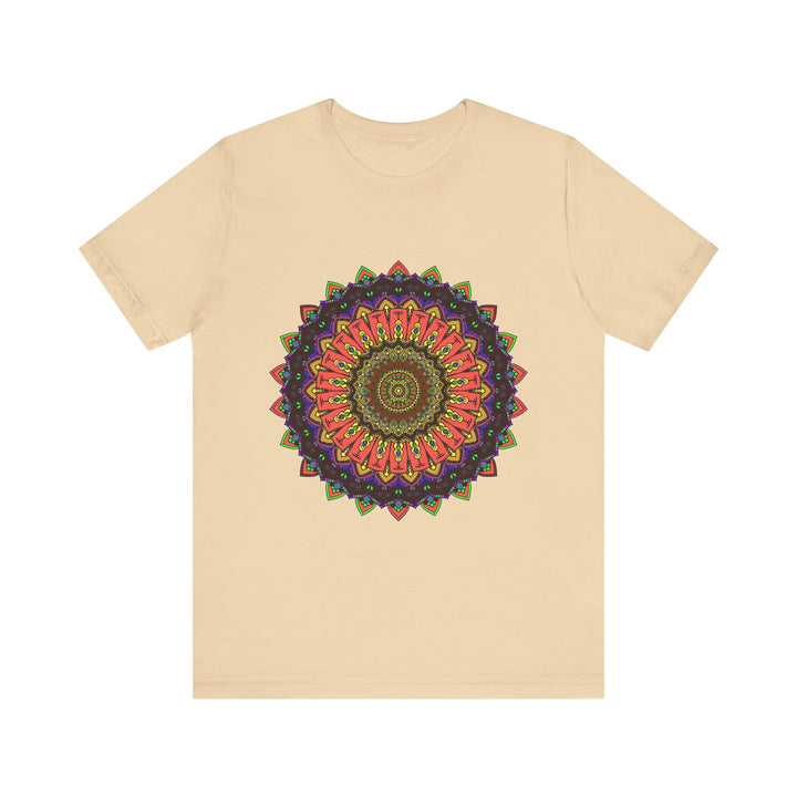 A close-up image of a colorful mandala tee with an intricate design, featuring vibrant hues and detailed patterns perfect for bohemian fashion lovers