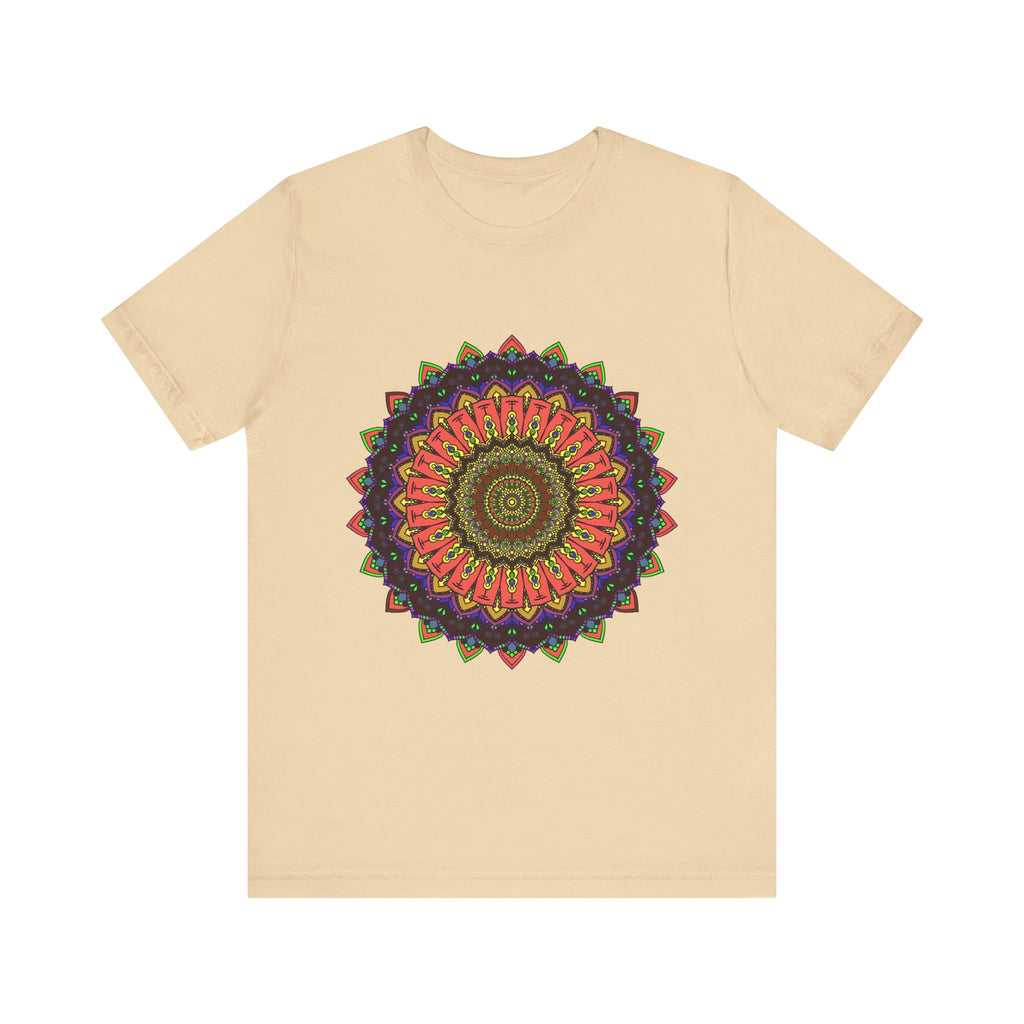 A close-up image of a colorful mandala tee with an intricate design, featuring vibrant hues and detailed patterns perfect for bohemian fashion lovers