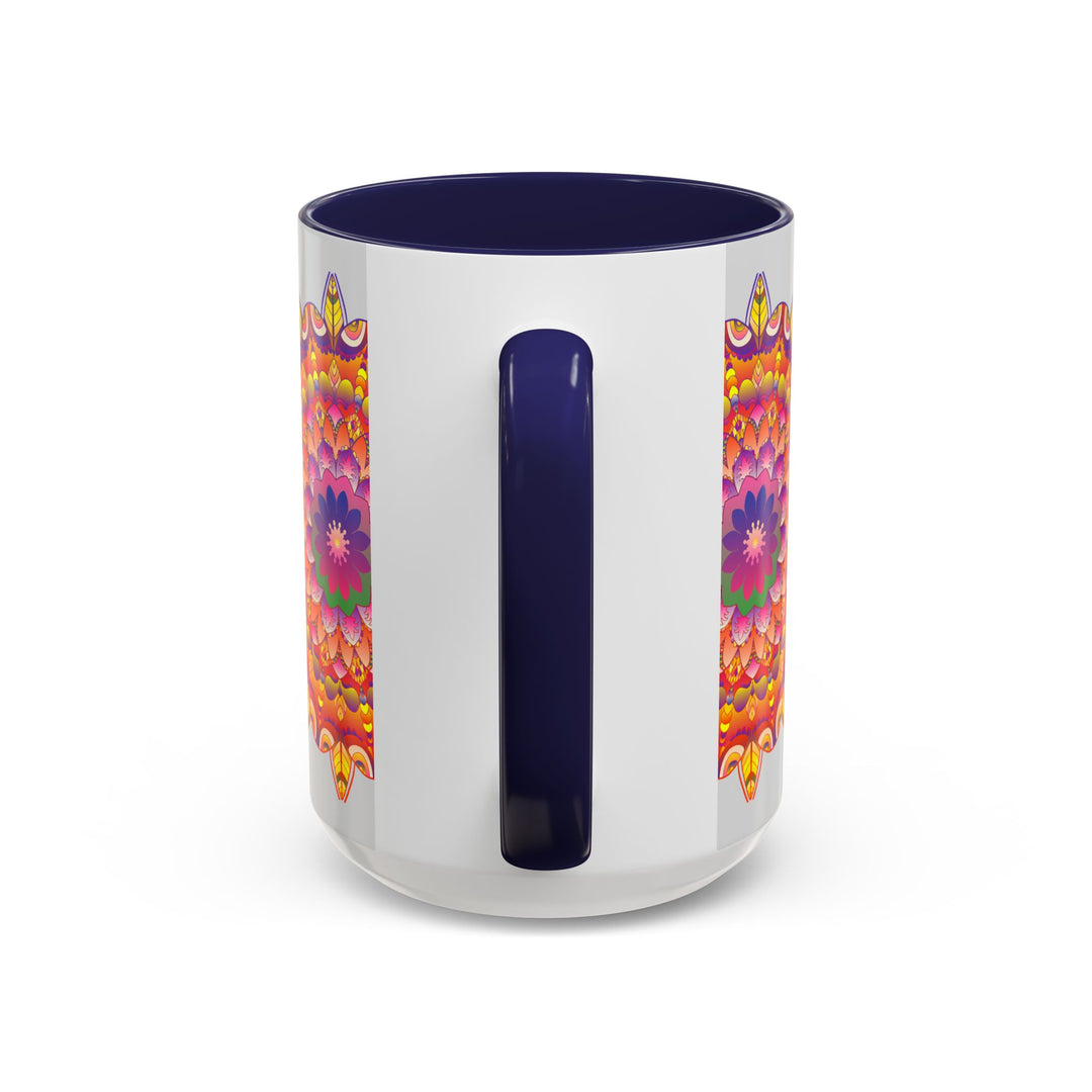 A vibrant and intricately designed mandala art mug featuring colorful floral patterns