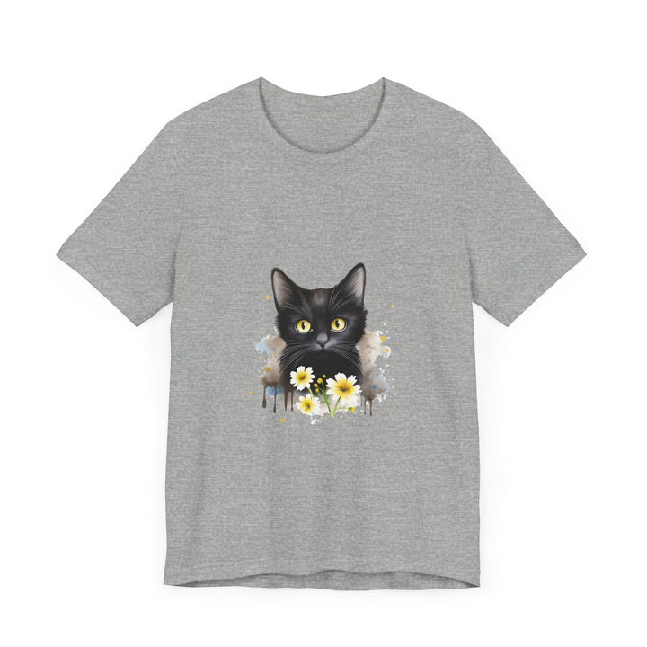 Comfortable black t-shirt featuring a striking illustration of a black cat with intense yellow eyes, perfect for cat lovers and animal enthusiasts