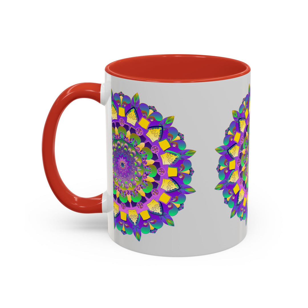 A close-up photo of a ceramic mug with a mandala art design in shades of purple and yellow, perfect for enjoying your favorite hot beverages