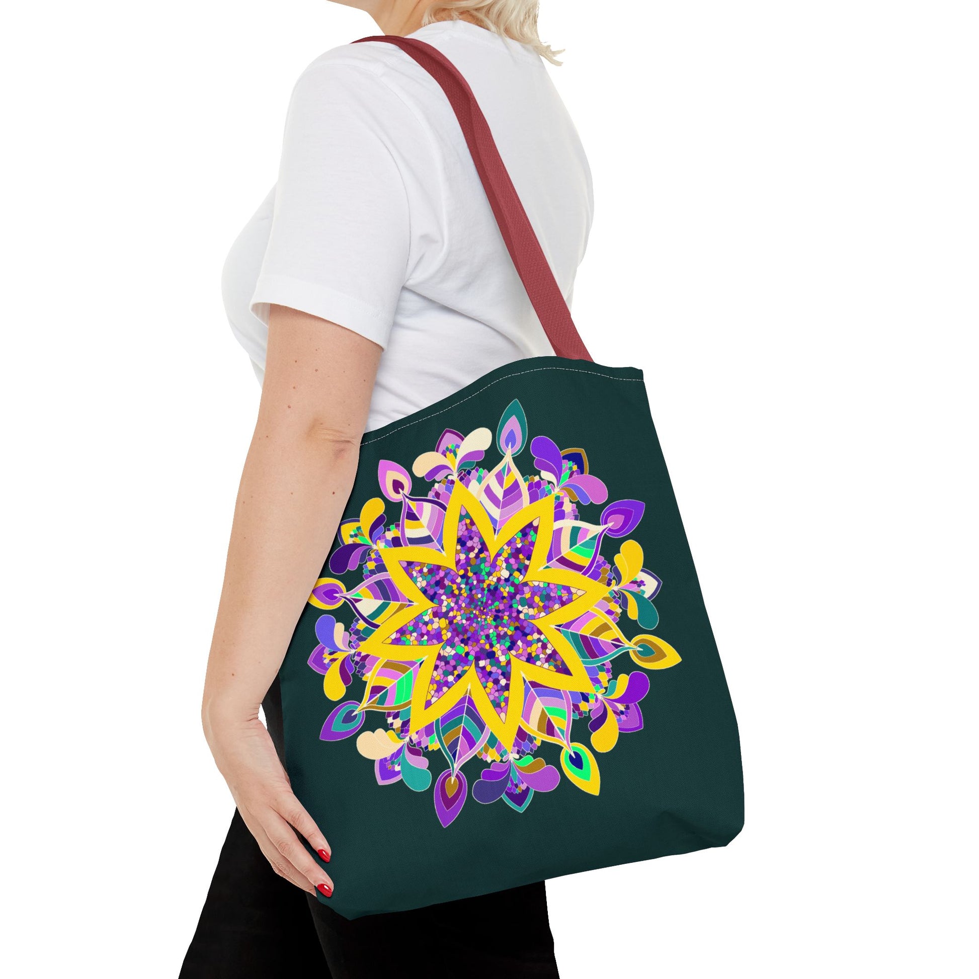 Dark green mandala tote bag with colorful design, perfect for zen girls - Blululi product