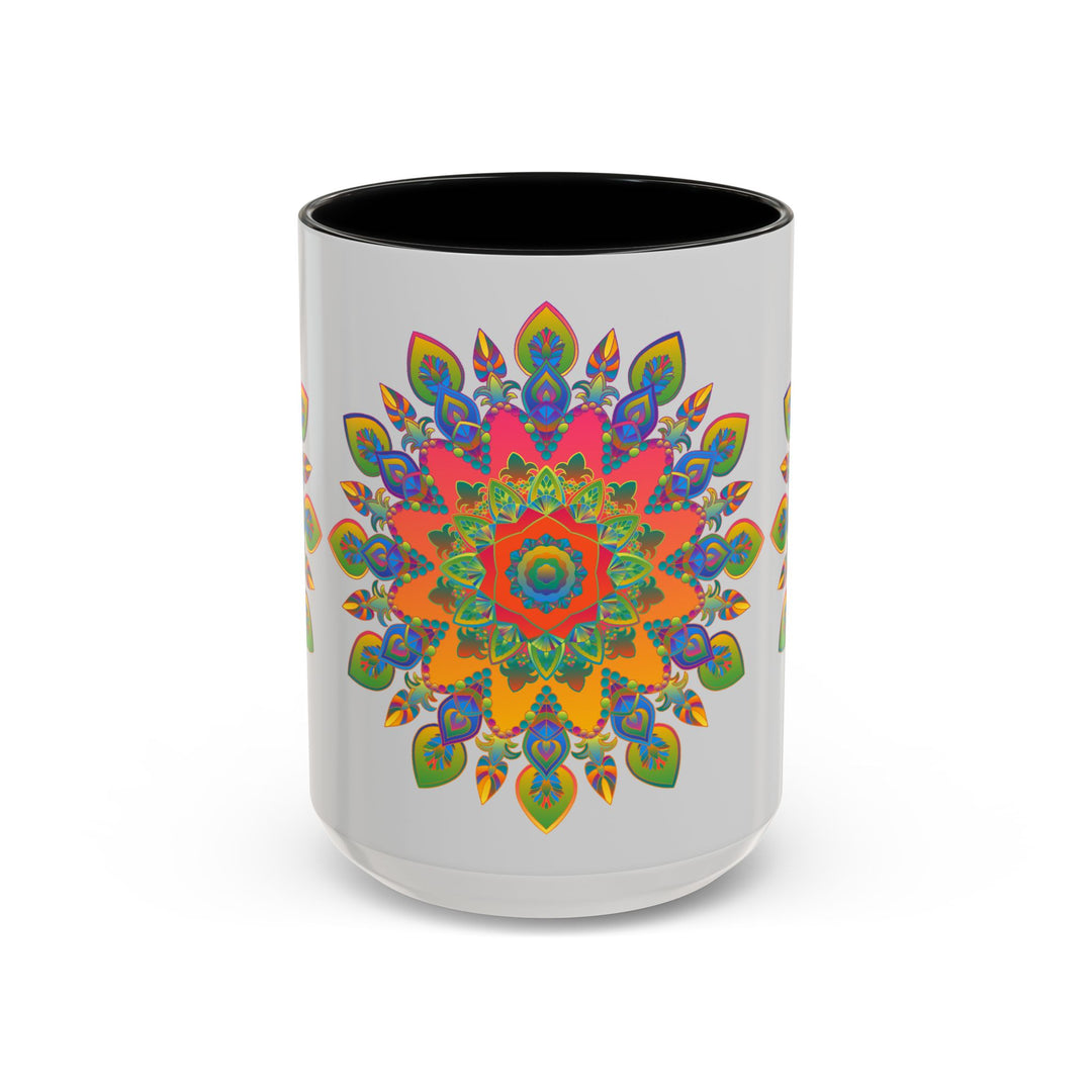 A beautiful ceramic coffee mug with a colorful mandala design on a grey background