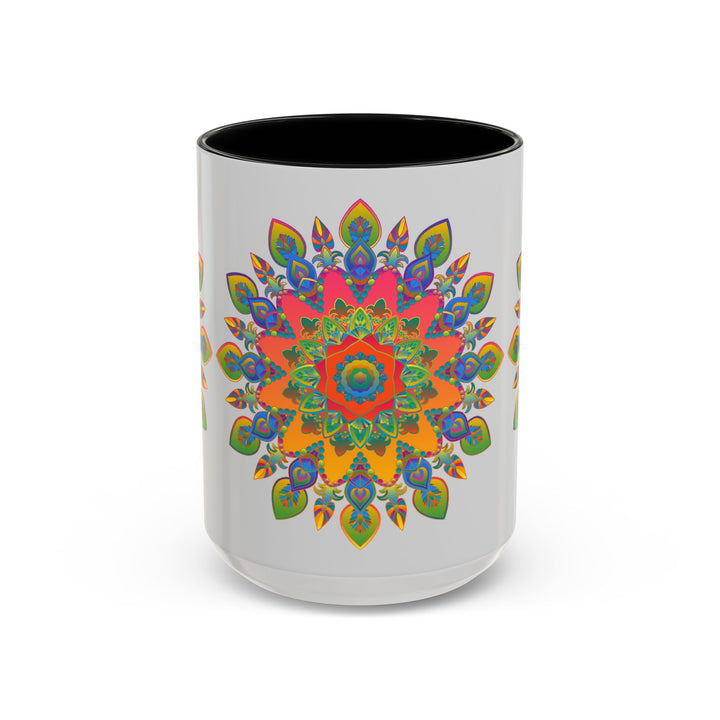 A beautiful ceramic coffee mug with a colorful mandala design on a grey background