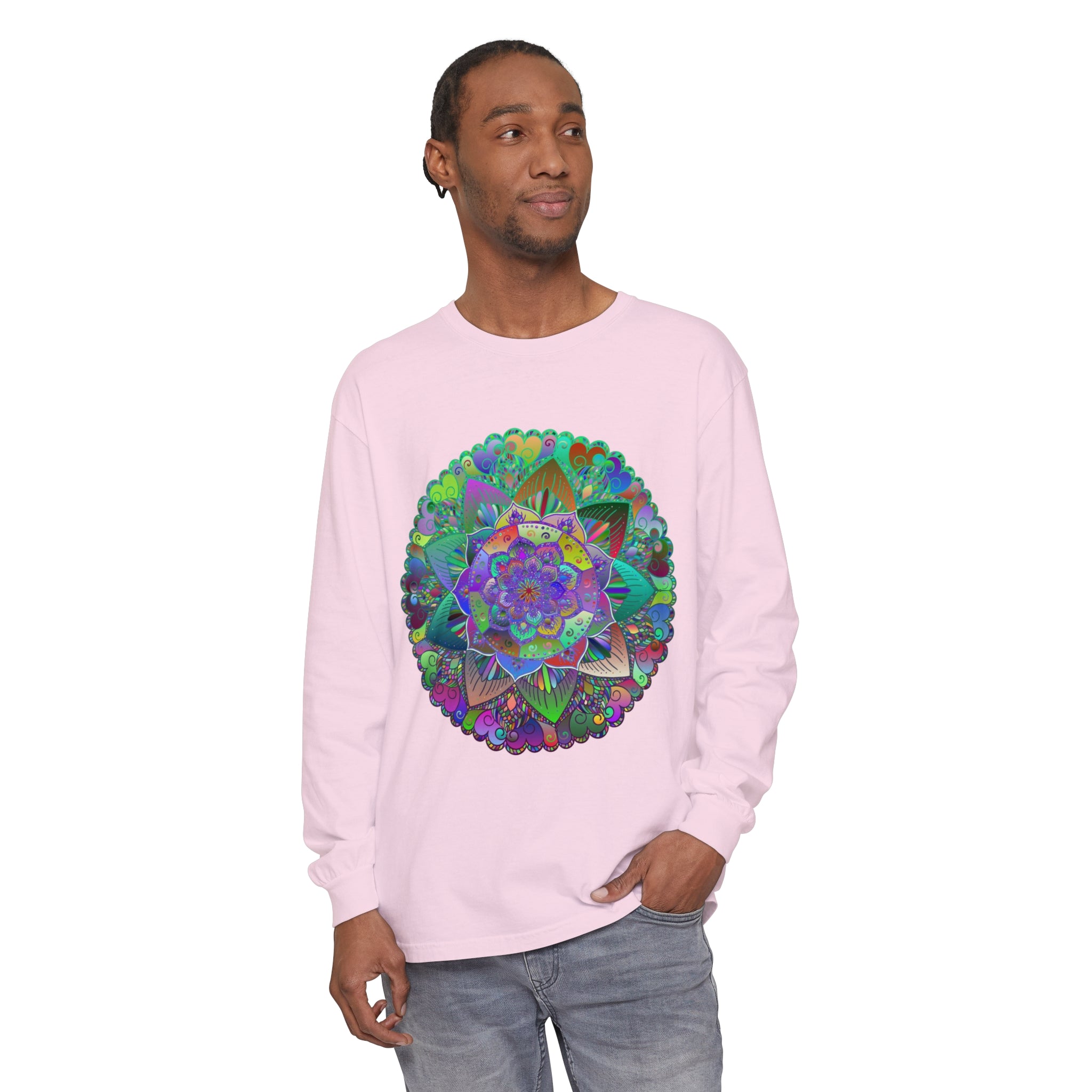 Colorful and intricate mandala design on a long sleeve unisex t-shirt