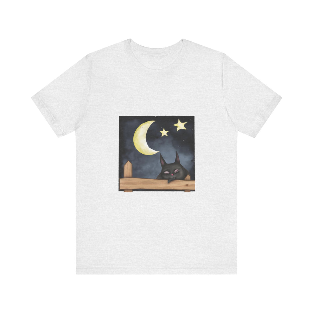 Sleepy Cat Moonlit Night T-Shirt featuring a cute cat relaxing under the moonlight on a soft, comfortable black tee