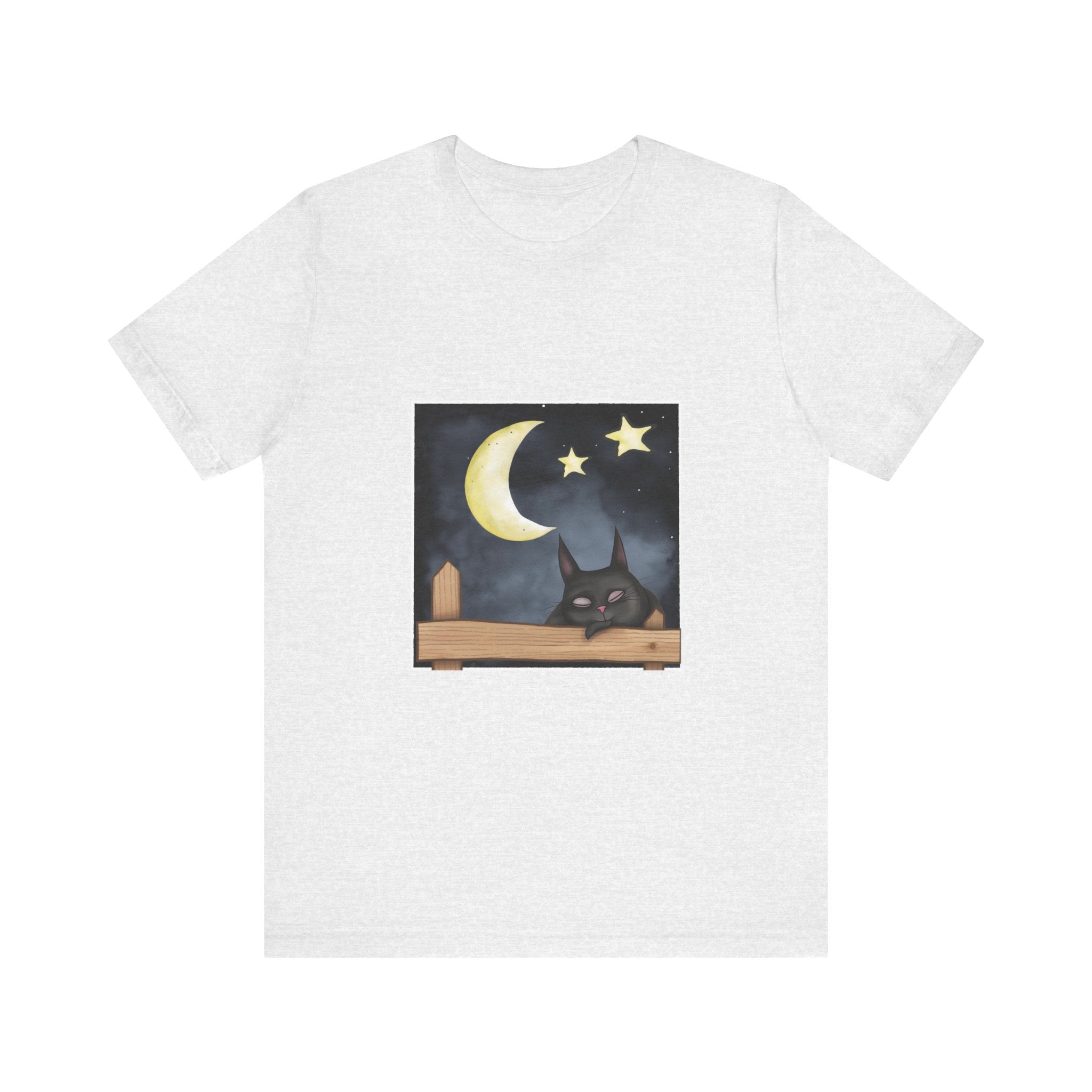 Sleepy Cat Moonlit Night T-Shirt featuring a cute cat relaxing under the moonlight on a soft, comfortable black tee