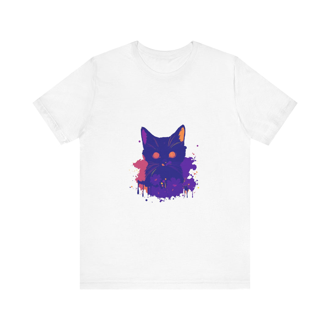 Abstract black cat mystery t-shirt with vibrant colors and unique design