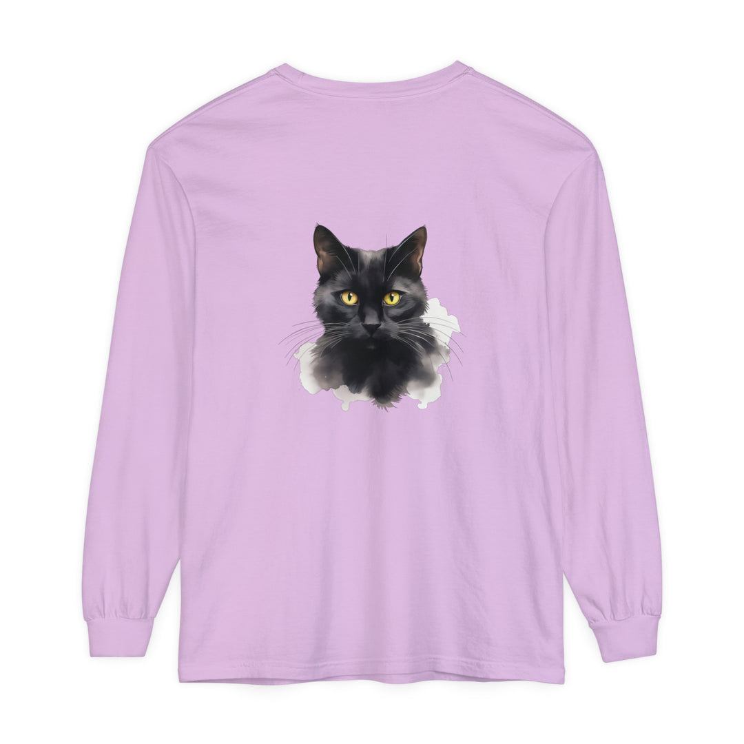  Long Sleeve T-Shirt for Cat Lovers with Black Cat Design 