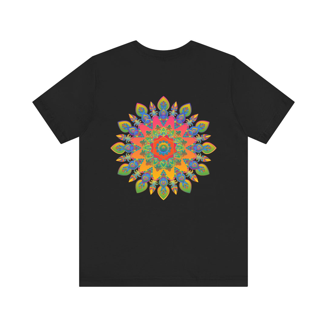 Vibrant and colorful psychedelic mandala t-shirt representing spiritual peace and tranquility, perfect for expressing individuality and inner harmony