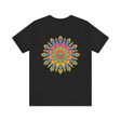 Vibrant and colorful psychedelic mandala t-shirt representing spiritual peace and tranquility, perfect for expressing individuality and inner harmony