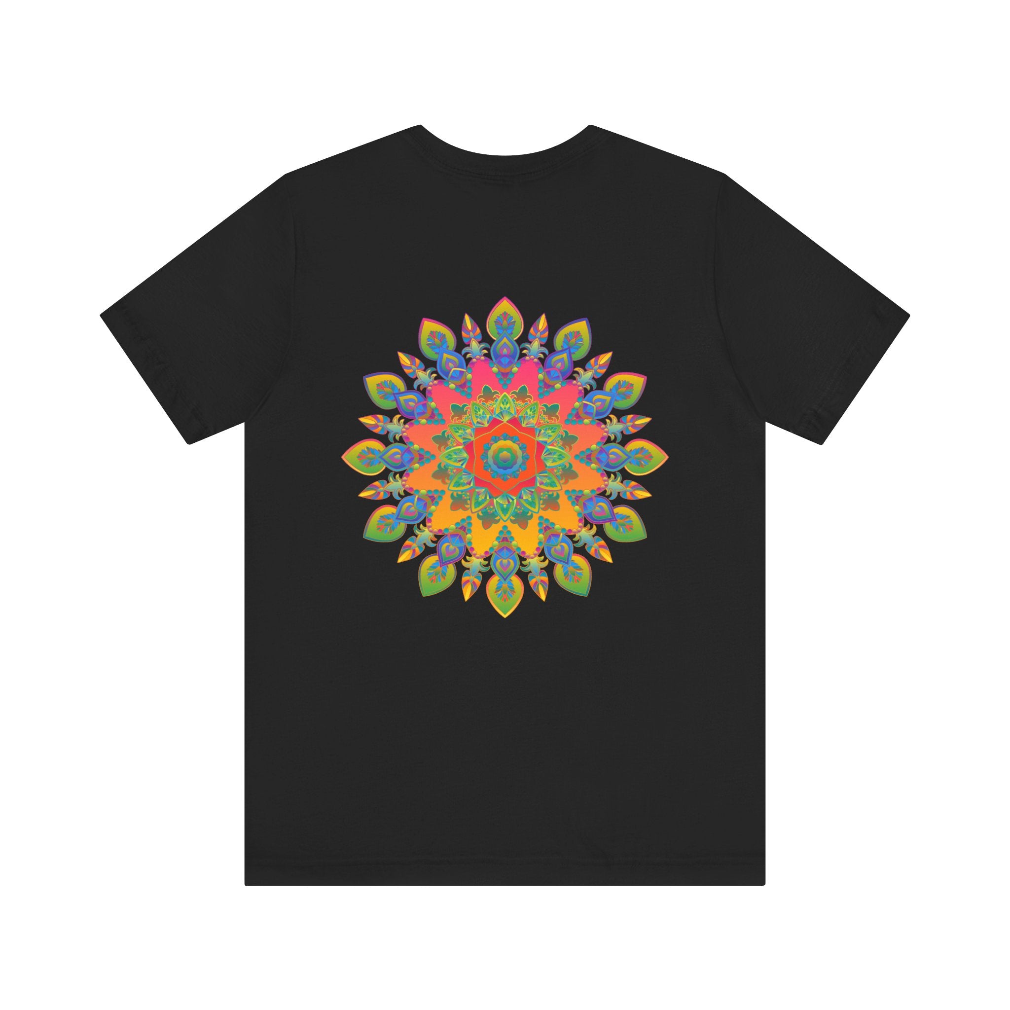 Vibrant and colorful psychedelic mandala t-shirt representing spiritual peace and tranquility, perfect for expressing individuality and inner harmony