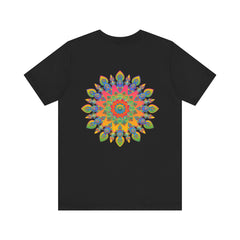 Vibrant and colorful psychedelic mandala t-shirt representing spiritual peace and tranquility, perfect for expressing individuality and inner harmony