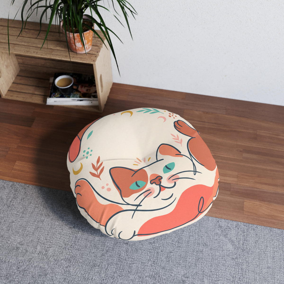 Round Tufted Floor Pillow — Boho Cat Illustration