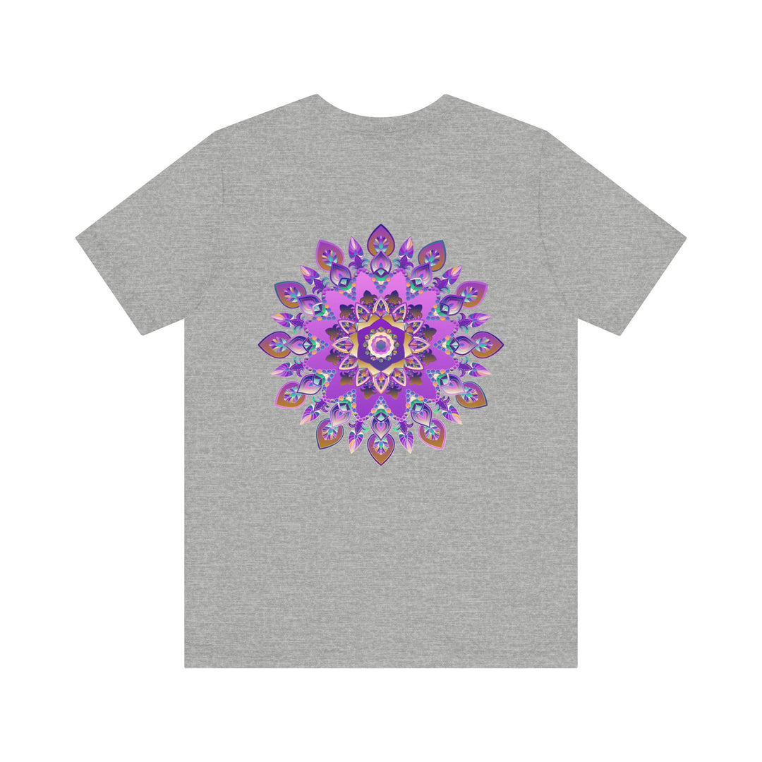 A beautiful purple mandala t-shirt featuring intricate spiritual designs symbolizing peace and harmony