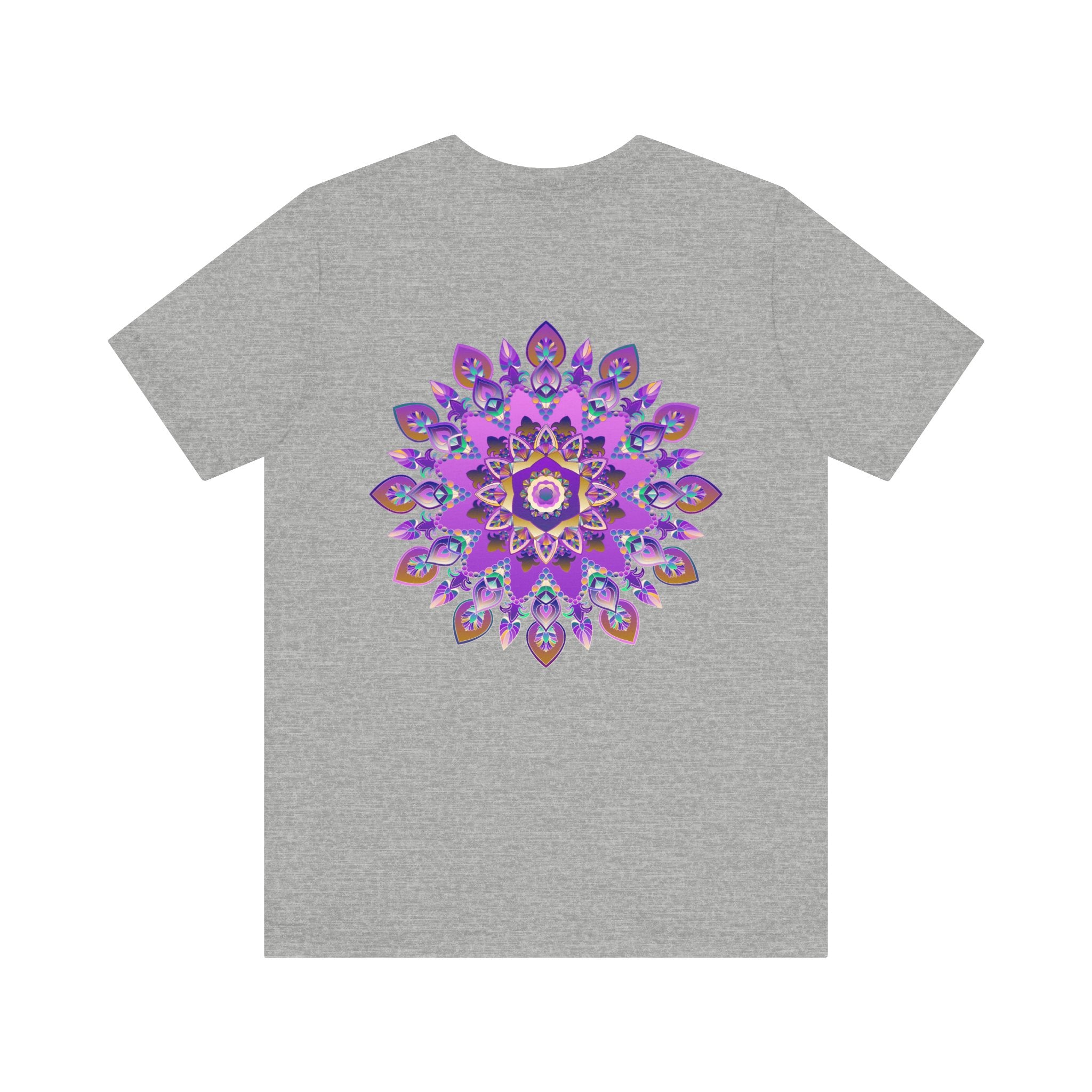 A beautiful purple mandala t-shirt featuring intricate spiritual designs symbolizing peace and harmony