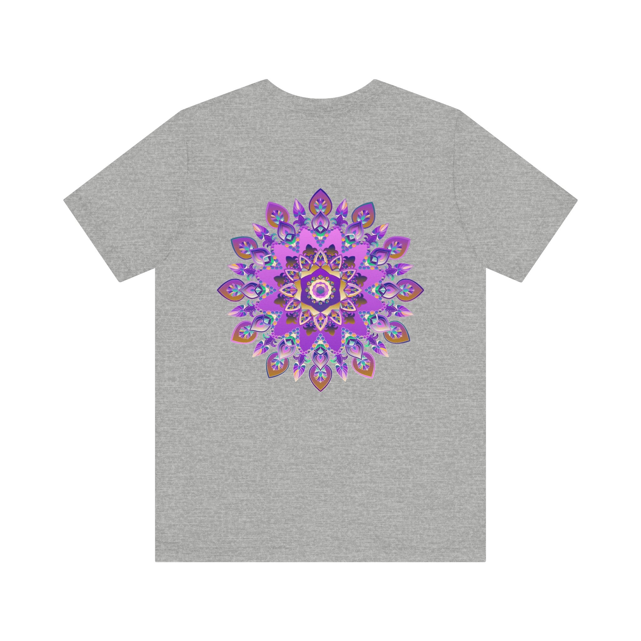 A beautiful purple mandala t-shirt featuring intricate spiritual designs symbolizing peace and harmony