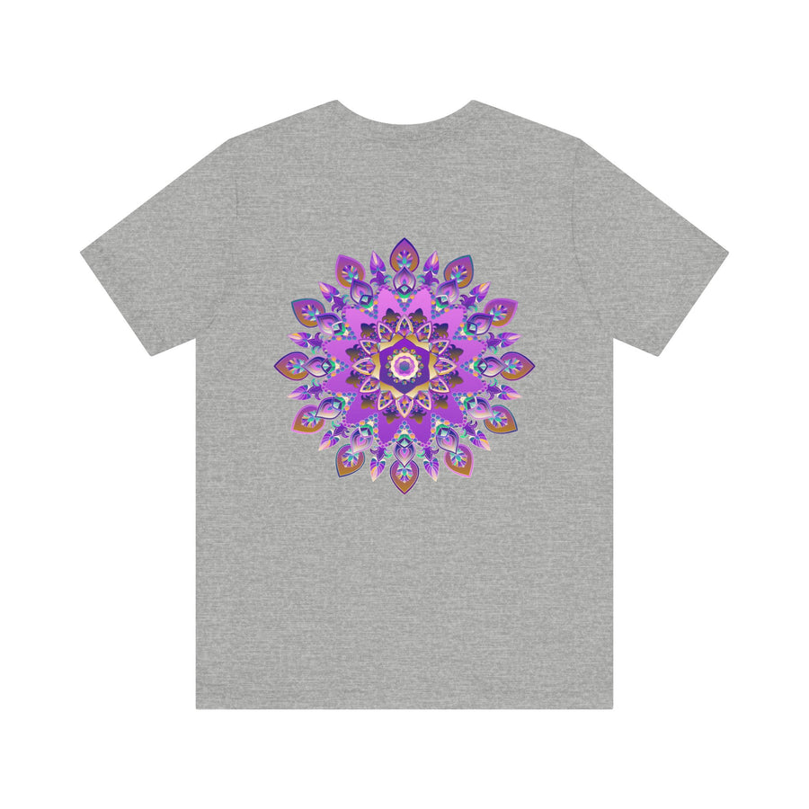 A beautiful purple mandala t-shirt featuring intricate spiritual designs symbolizing peace and harmony