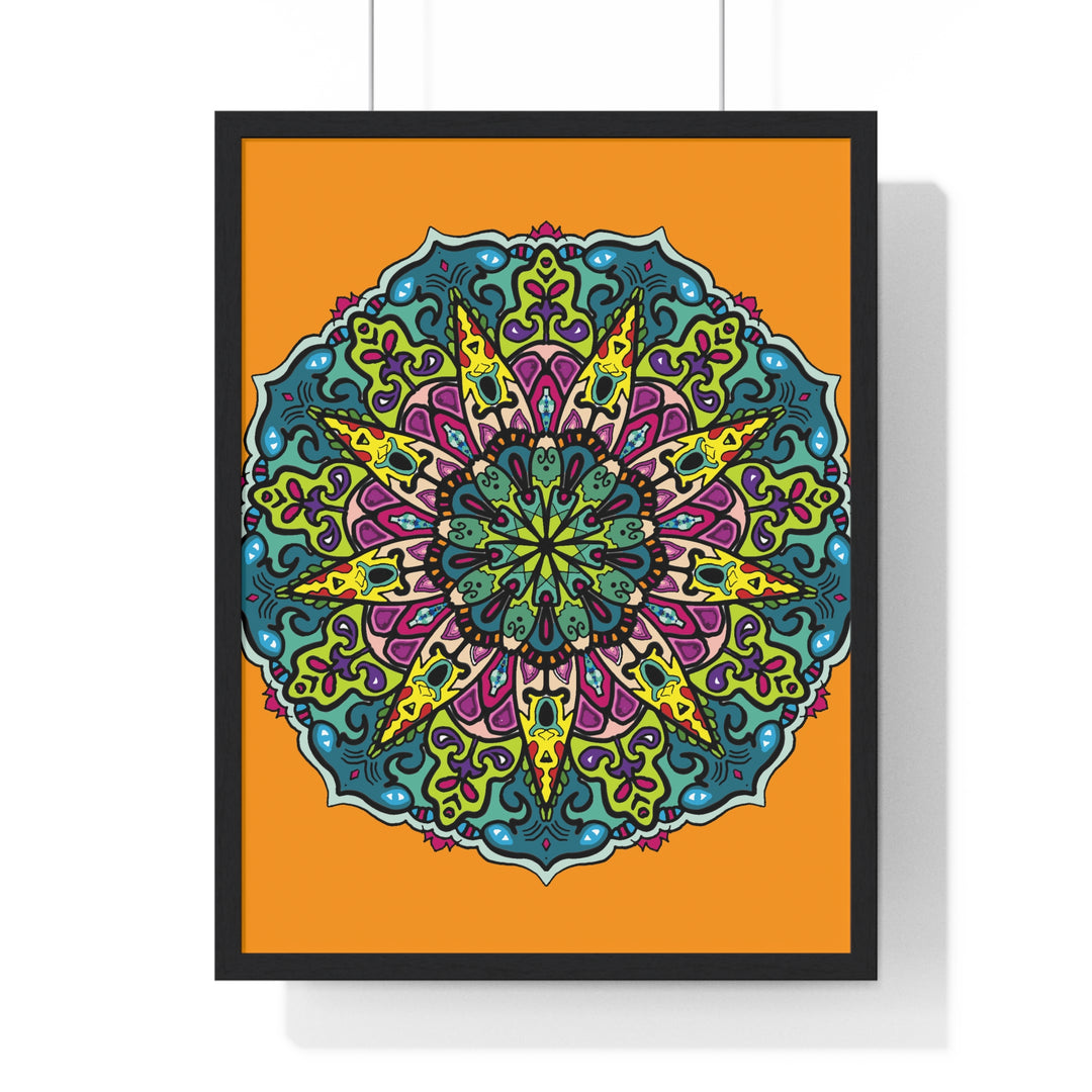 Beautiful orange mandala art, hand-drawn and framed, perfect for mindfulness and yoga practice