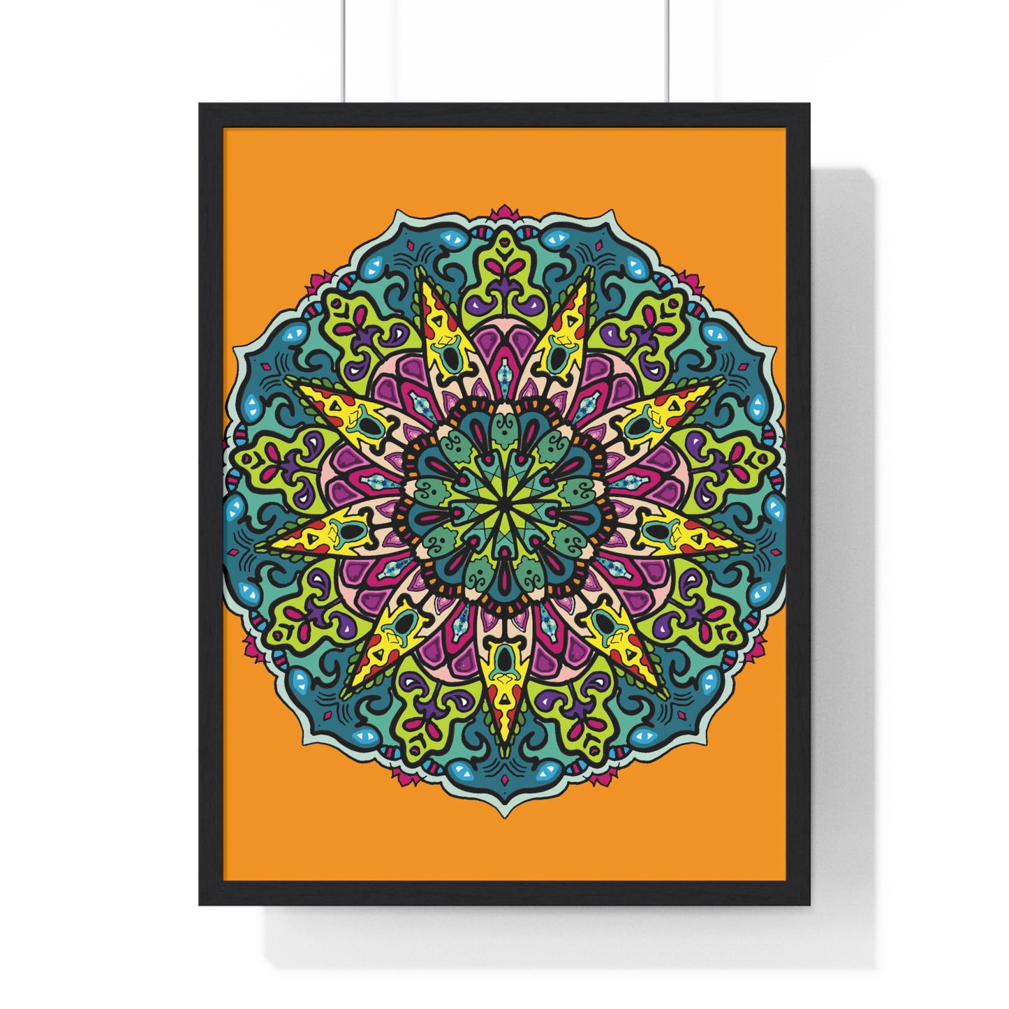 Beautiful orange mandala art, hand-drawn and framed, perfect for mindfulness and yoga practice