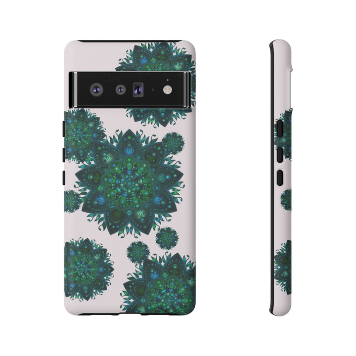 Beautiful light pink and green mandala phone case with peaceful design