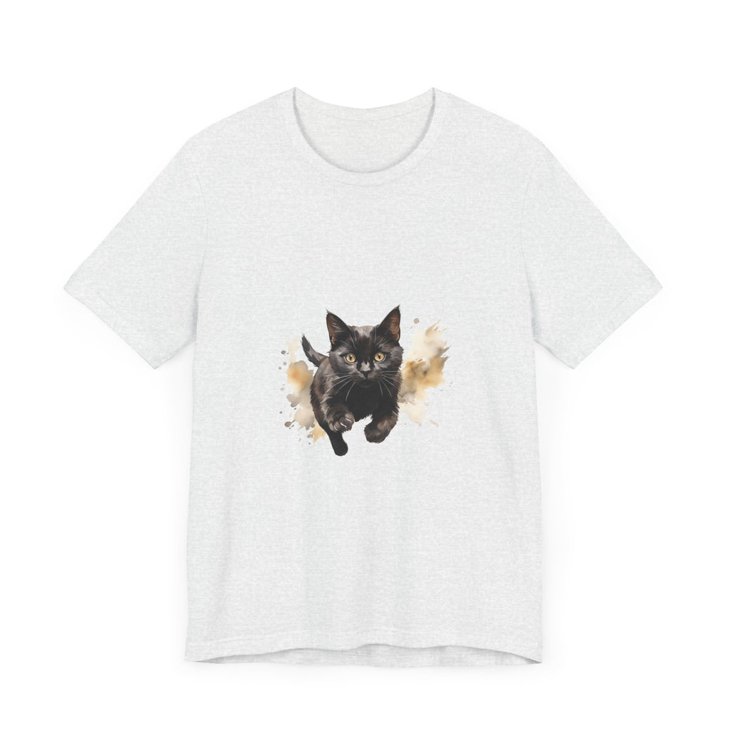 Black Cat Watercolor Sprint T-Shirt: A stylish and unique t-shirt featuring a watercolor print of a black cat, perfect for cat lovers and art enthusiasts