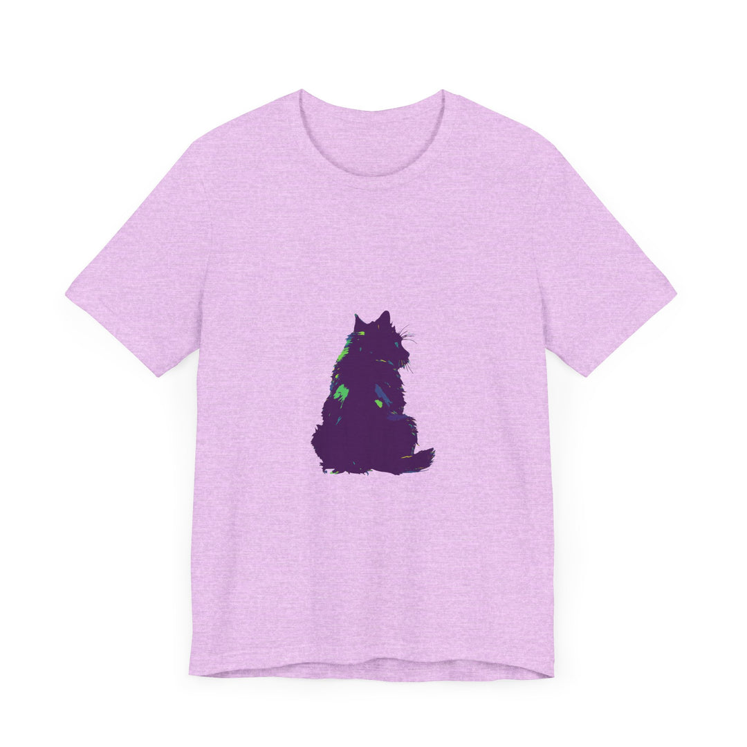 Black Cat Mystery - Colorful Silhouette T-Shirt, a vibrant and eye-catching graphic tee featuring the silhouette of a mysterious black cat against a colorful background