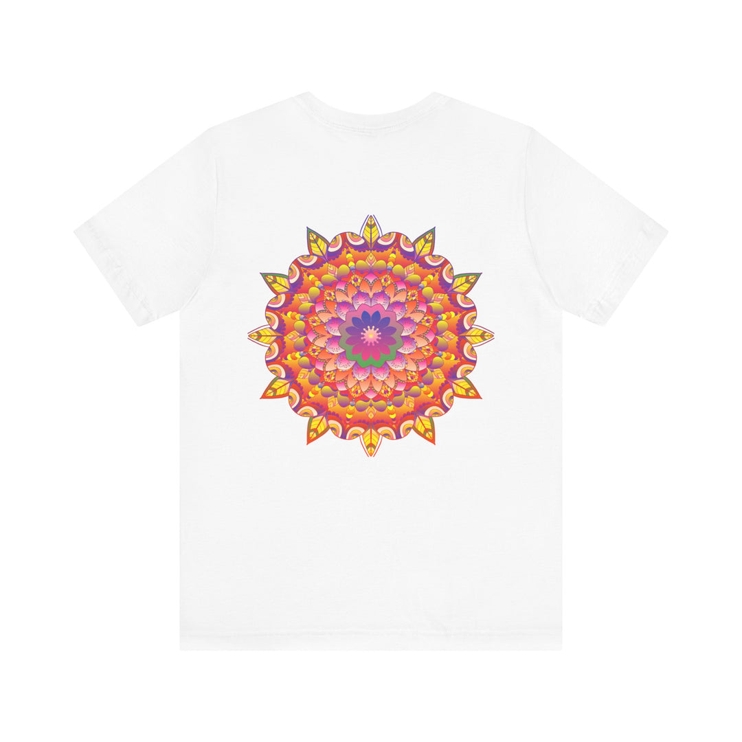 A colorful and intricate mandala design adorns this vibrant t-shirt, promoting spiritual peace and harmony through its beautiful and eye-catching artwork