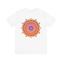 A colorful and intricate mandala design adorns this vibrant t-shirt, promoting spiritual peace and harmony through its beautiful and eye-catching artwork