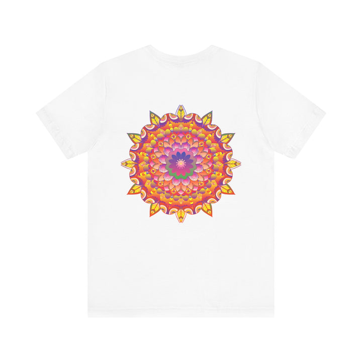 A colorful and intricate mandala design adorns this vibrant t-shirt, promoting spiritual peace and harmony through its beautiful and eye-catching artwork