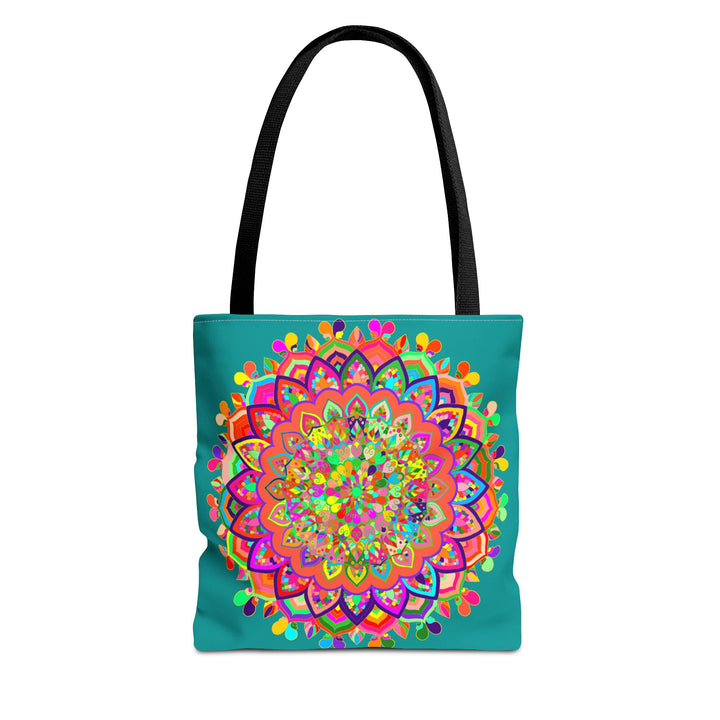 Colorful mandala art tote bag in vibrant shades of aquamarine with intricate geometric patterns, perfect for carrying all your essentials in style