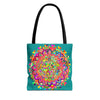 Colorful mandala art tote bag in vibrant shades of aquamarine with intricate geometric patterns, perfect for carrying all your essentials in style