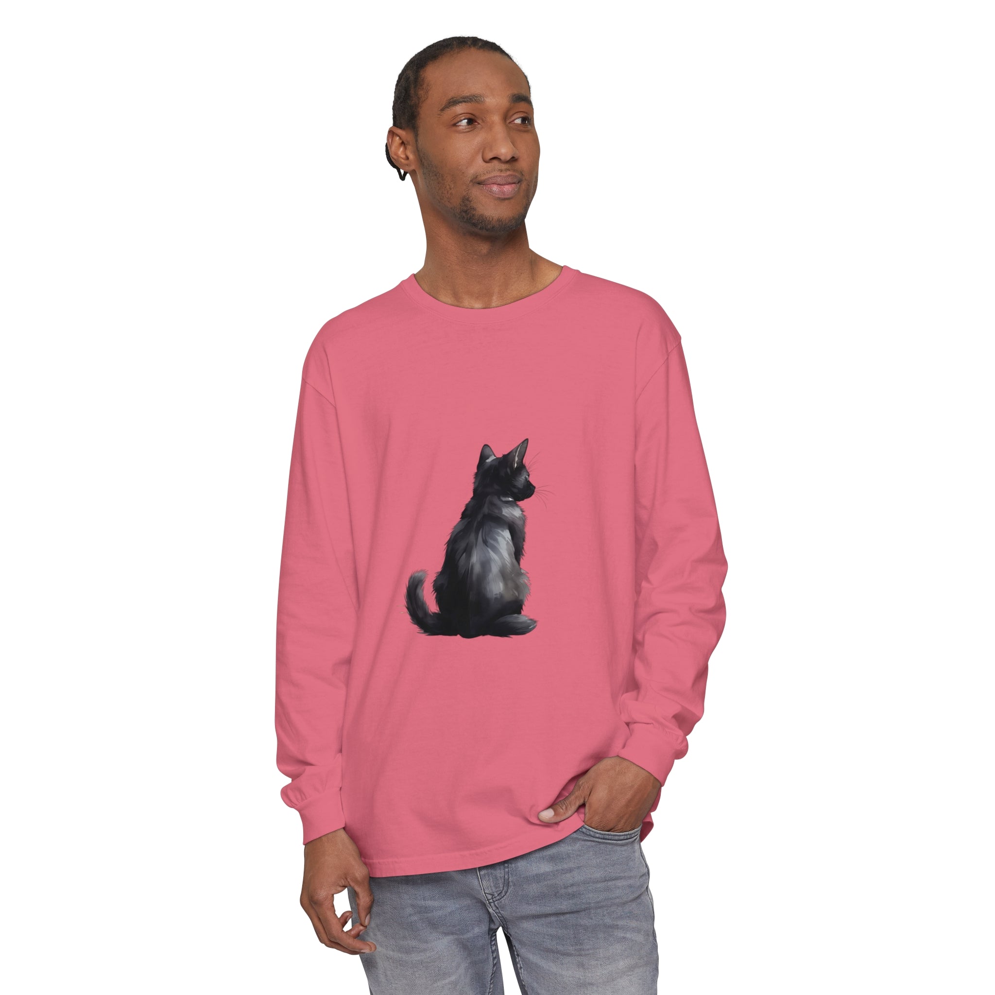 Black Cat Mystery unisex long sleeve tee with a black cat illustration on a black background