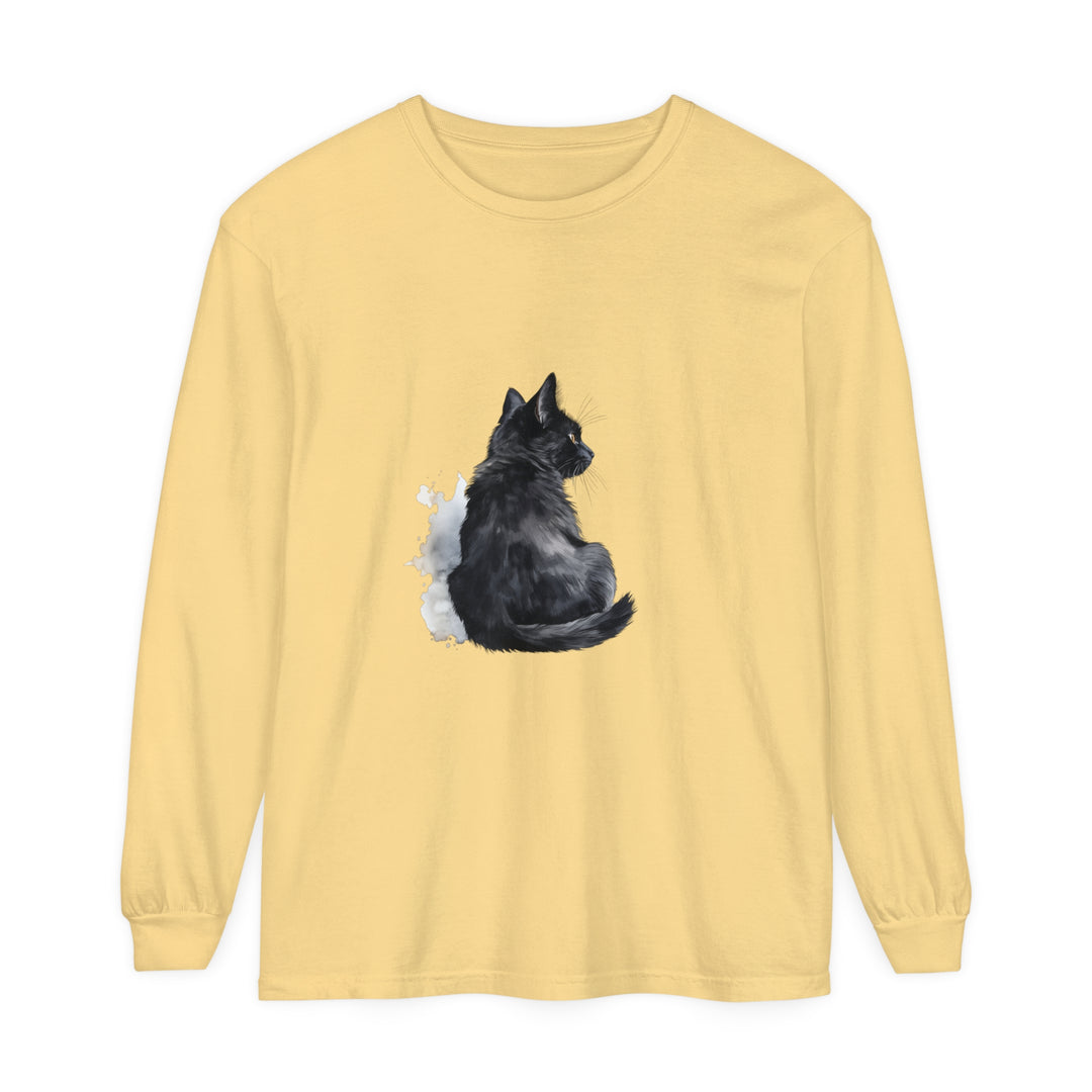 Black Cat Watercolor Unisex Long Sleeve T-Shirt featuring a stunning watercolor design of a black cat on a comfortable, versatile long-sleeve shirt