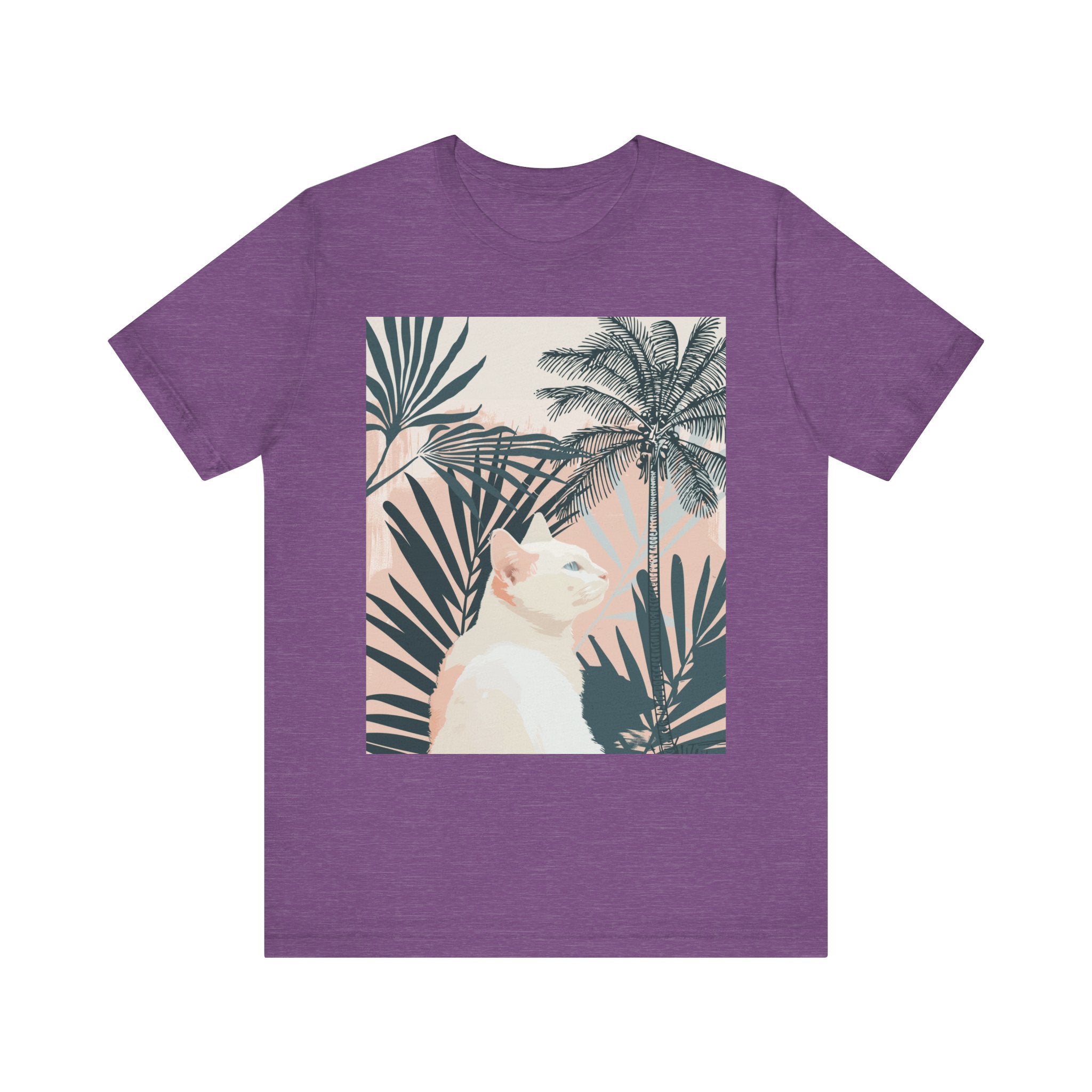 Stylish white cat tee with an artistic palm leaf design