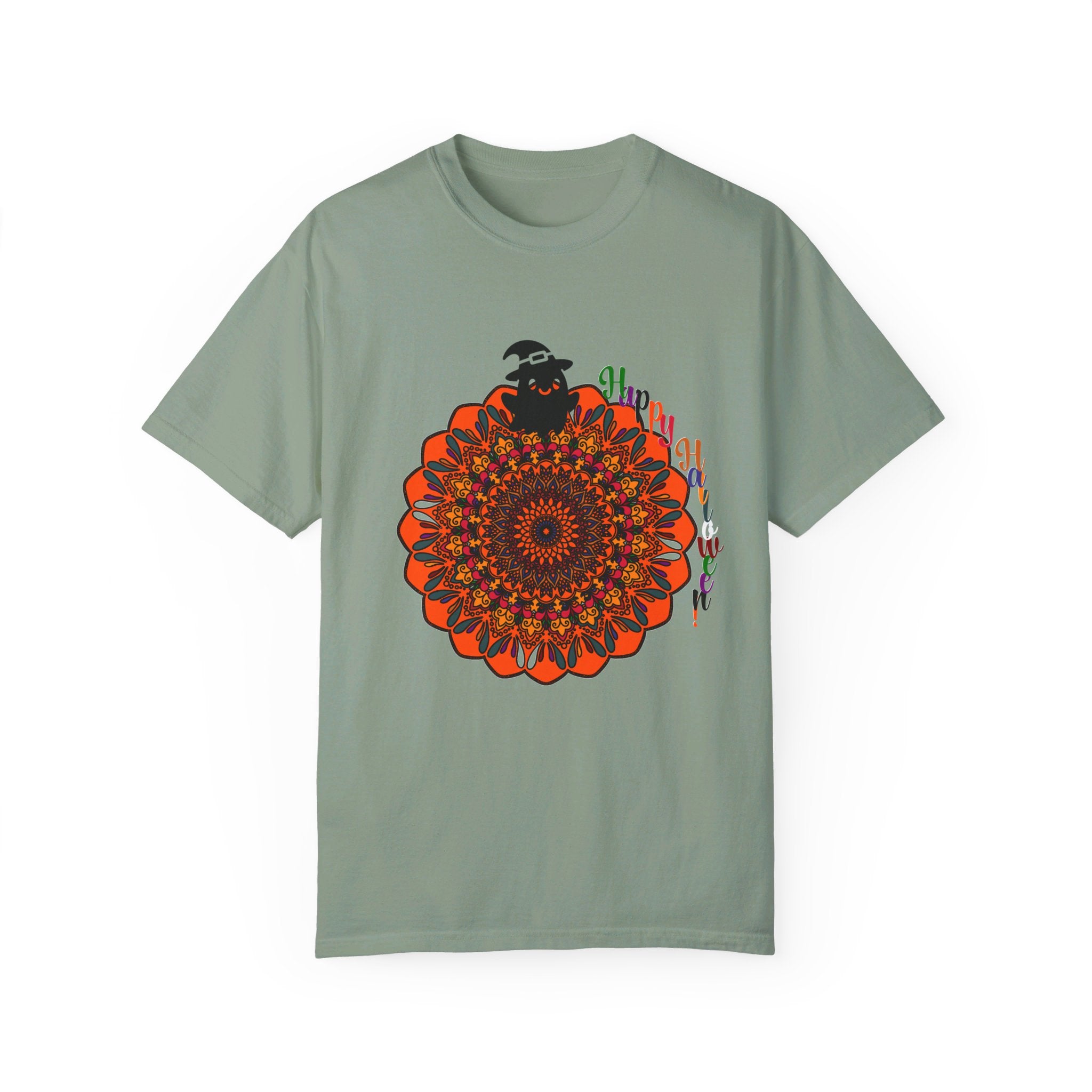 Unisex t-shirt featuring handmade pumpkin mandala art, perfect for Halloween