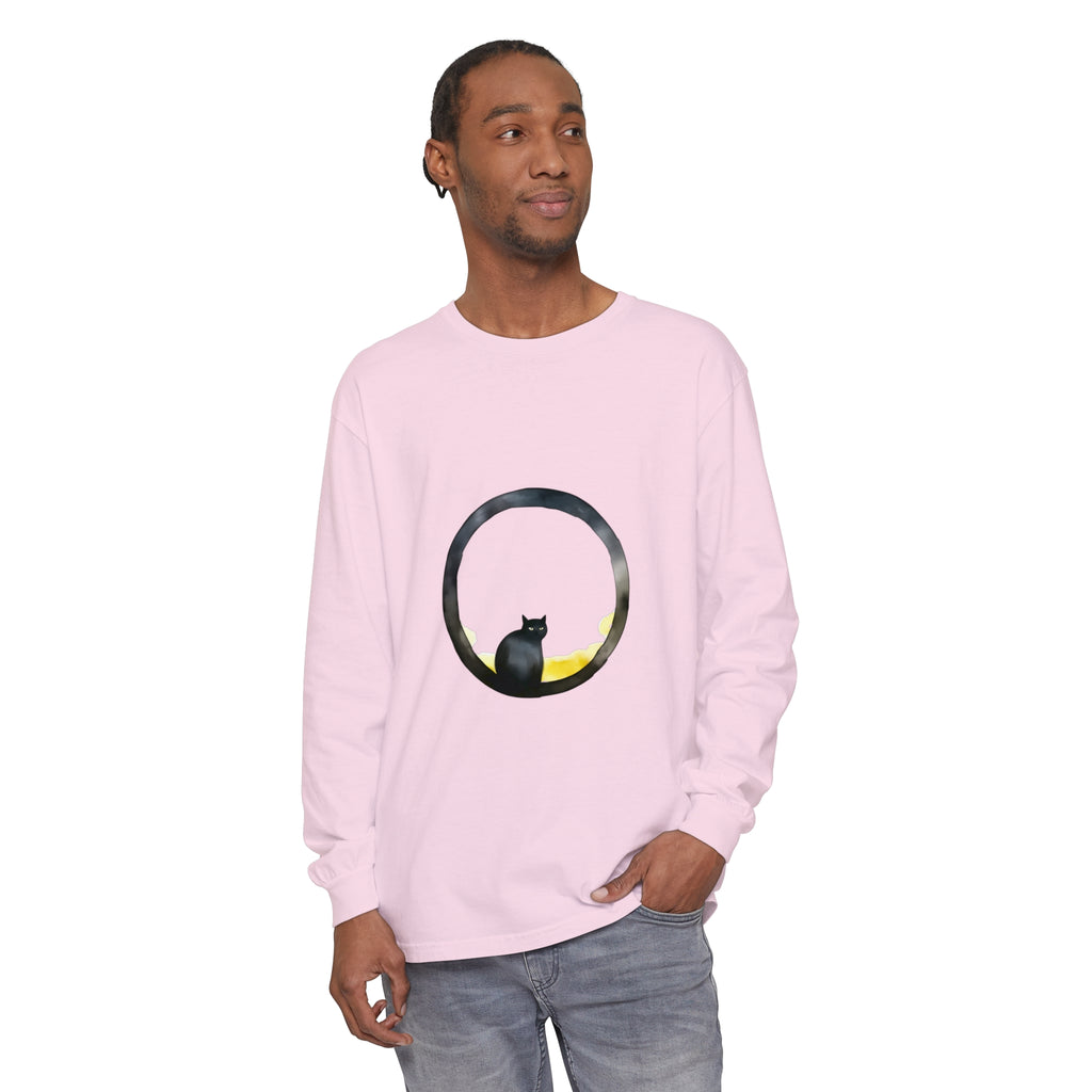 Black Cat Moon Glow Long Sleeve T-Shirt: A black cotton shirt with a cat silhouette against a moonlit sky, glowing in the dark