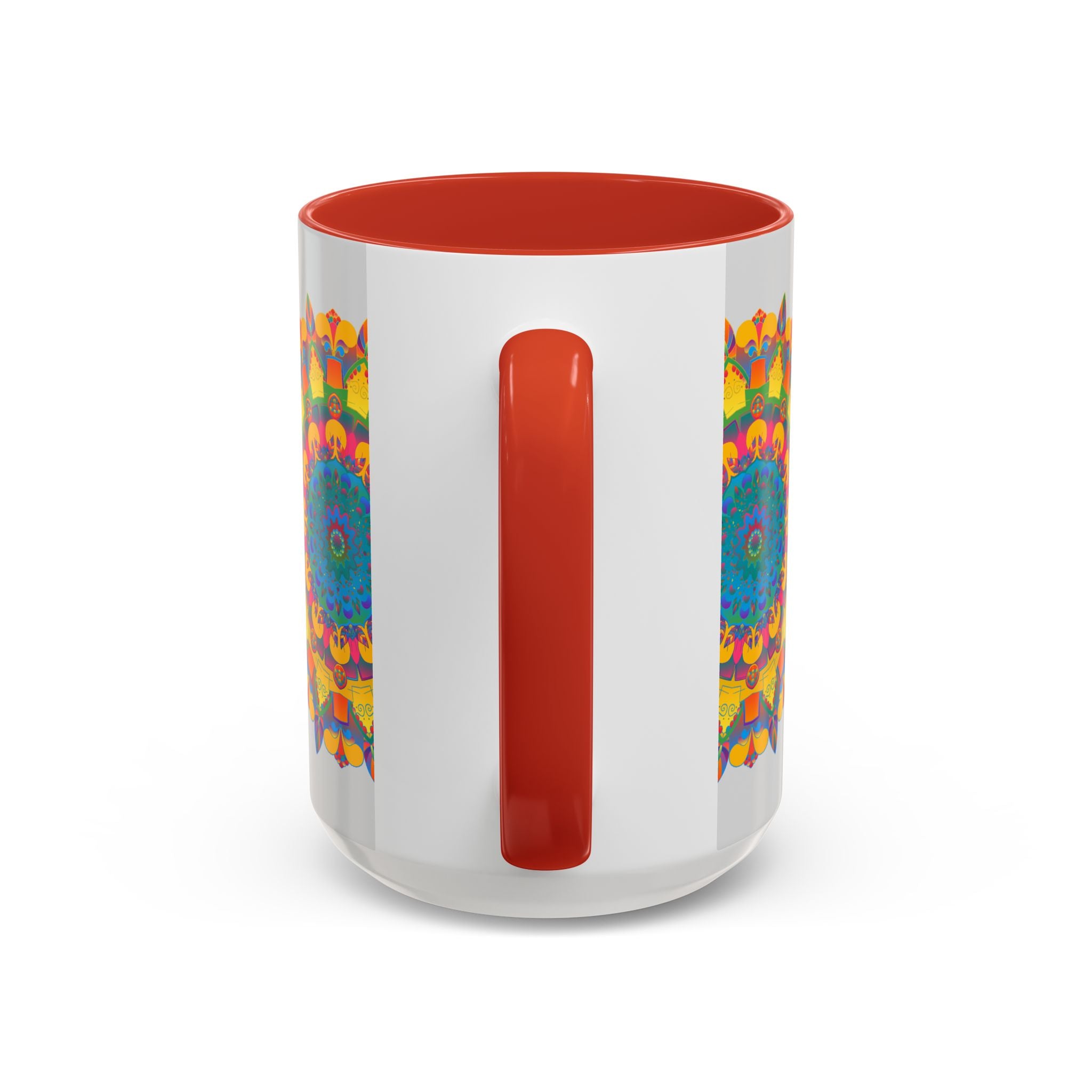 Vibrant and intricate mandala art mug featuring a colorful floral design