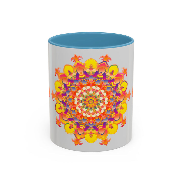 A close-up image of a vibrant mandala mug featuring colorful and intricate art designs