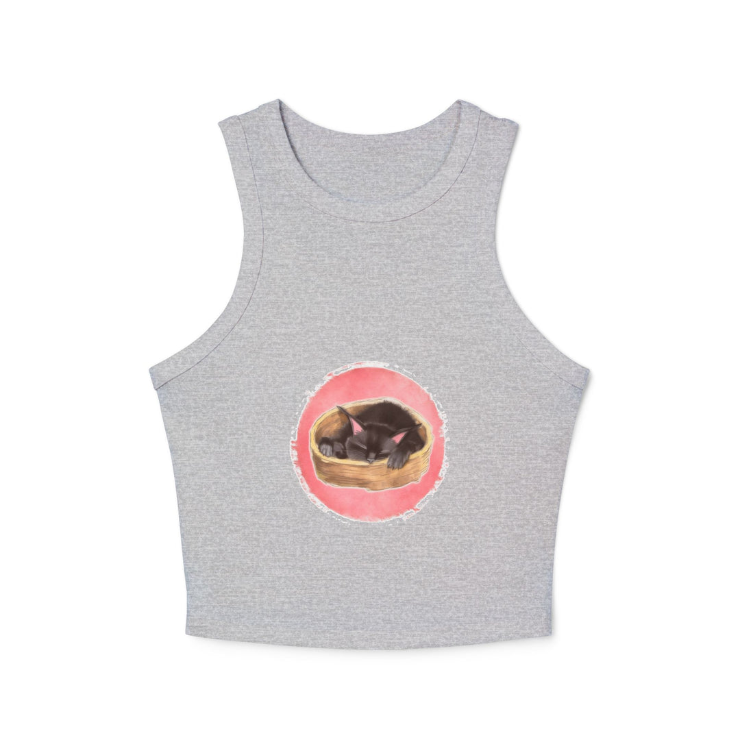 A cute and stylish black racerback tank top with a sleeping cat design