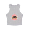 A cute and stylish black racerback tank top with a sleeping cat design