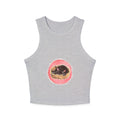 A cute and stylish black racerback tank top with a sleeping cat design