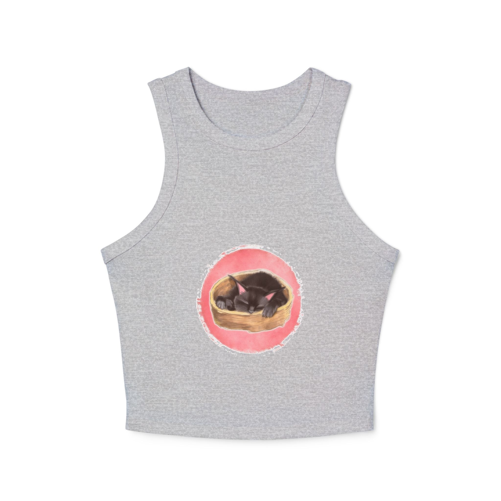 A cute and stylish black racerback tank top with a sleeping cat design