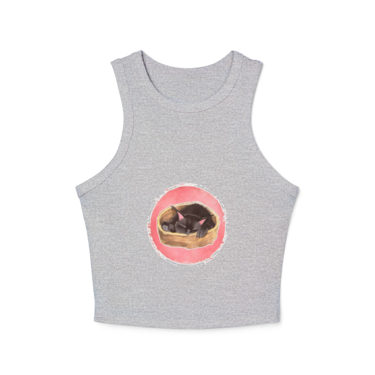 A cute and stylish black racerback tank top with a sleeping cat design