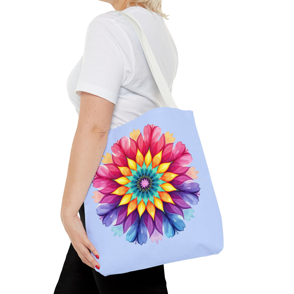 Colorful and intricate rainbow mandala tote bag, perfect for carrying all your essentials in style