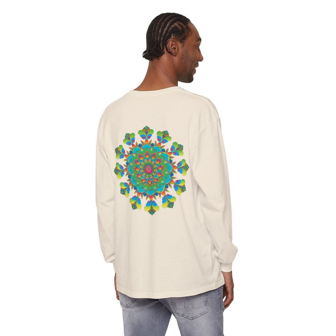 Colorful and vibrant long sleeve tie dye shirt with intricate mandala design