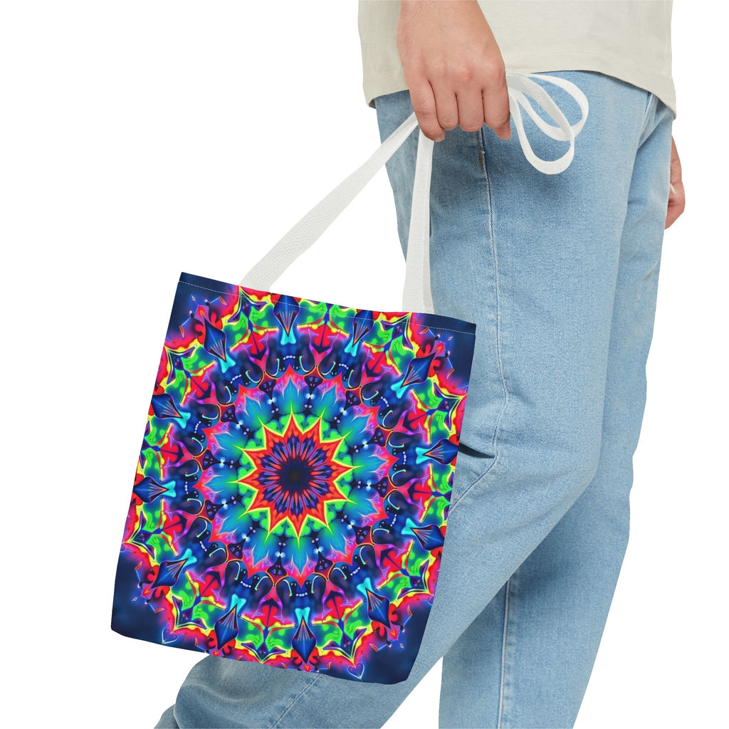 Colorful and intricate psychedelic mandala tote bag with vibrant patterns and designs