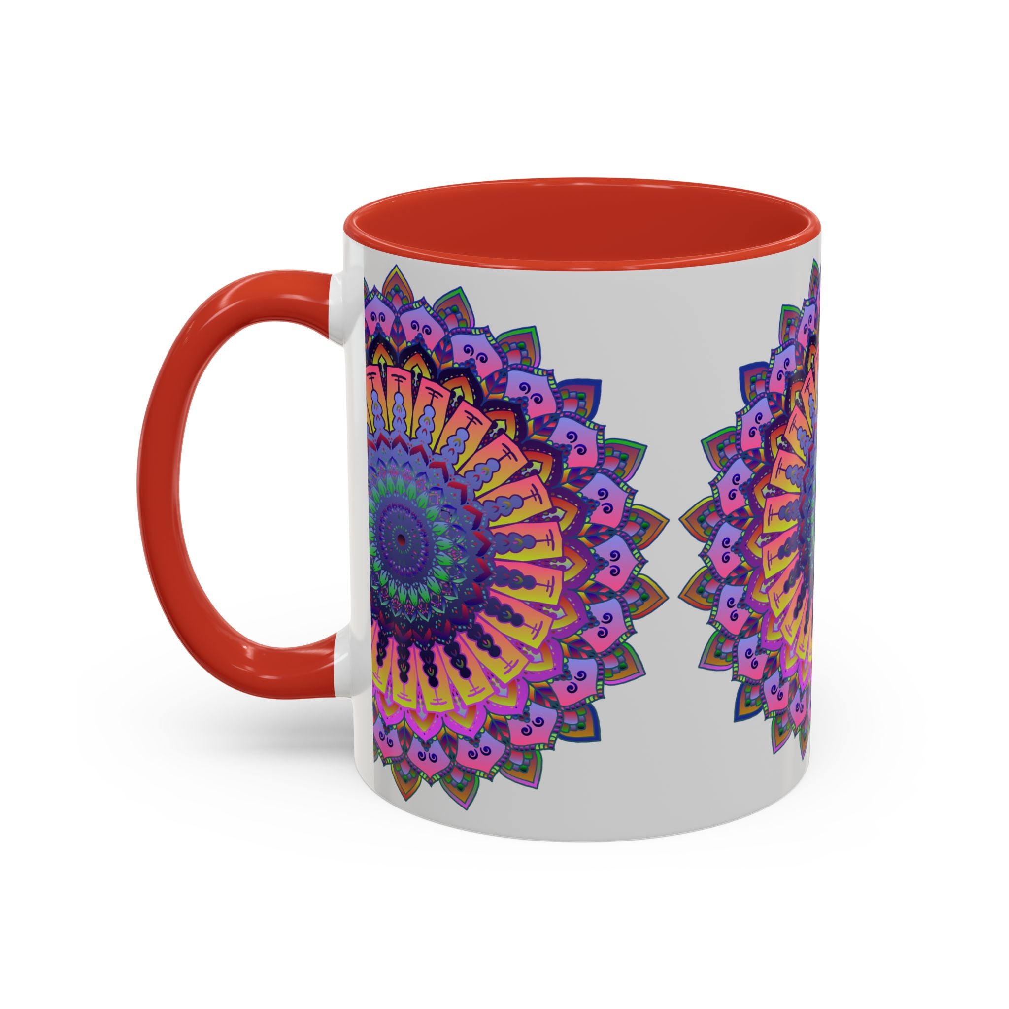 A beautiful mandala design in vibrant colors on a grey mug